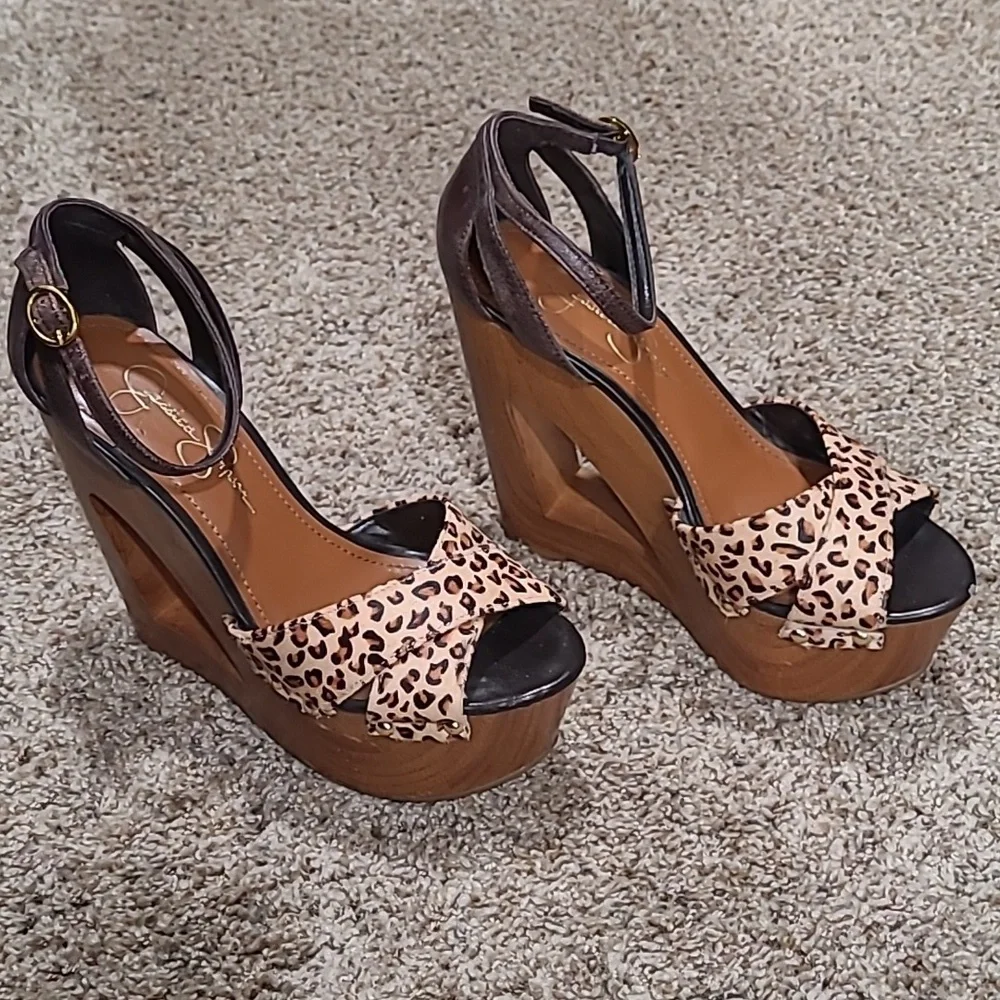 Jessica Simpson Leopard Print Wedge Sandals with Wood-Look Platform